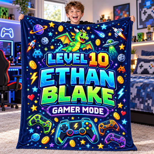Personalized Retro Gamer Blanket, Level Up Arcade Name Throw, Video Game Birthday Gift for Boy