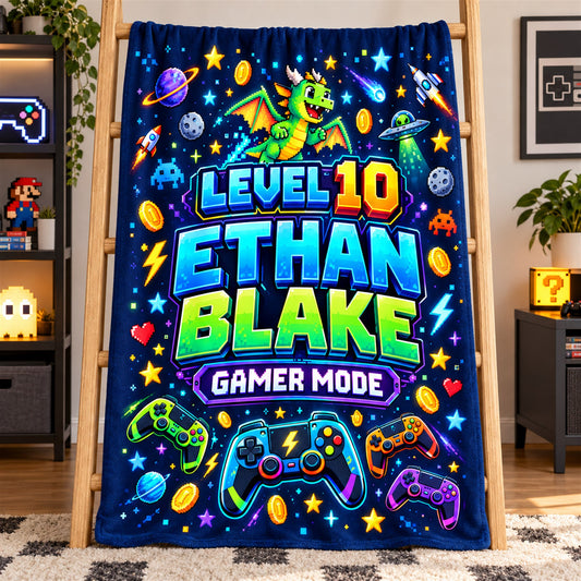 Personalized Retro Gamer Blanket, Level Up Arcade Name Throw, Video Game Birthday Gift for Boy